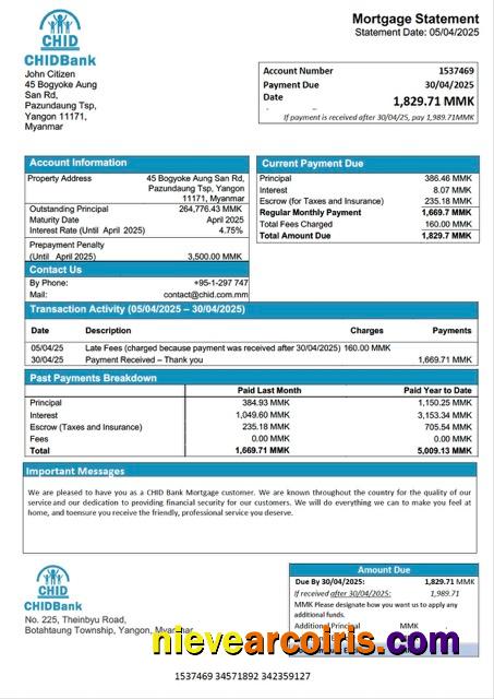Myanmar CHID Bank mortgage statement Word and PDF template